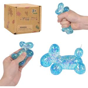 Balloon Dog Squishy Toy, Stretchy Sensory Fidget Toy for Kids and Adults, 1.97in Soft Stress Relief Squeeze Toy, Cute Balloon Animal Desk Toy, Glitter Squishy Gift(Blue)