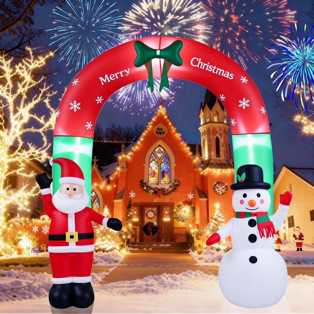 8FT Christmas Inflatables Outdoor Decorations,Inflatable Santa Claus and Snowman Arch Build-in LED Light-Christmas Blow Up Yard Decorations for Indoor/Outdoor Holiday Garden Lawn Yard Patio