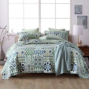 VISIMISI Cotton Bedspread Quilt Sets Reversible Coverlet Sets Comforters Vintage Bohemian Patchwork Bedspread (Green, Queen Size)