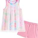 Gogokids Girls 2 Piece Activewear Set, Tulle Sleeveless Tank Tops and Athletic Shorts (Green)
