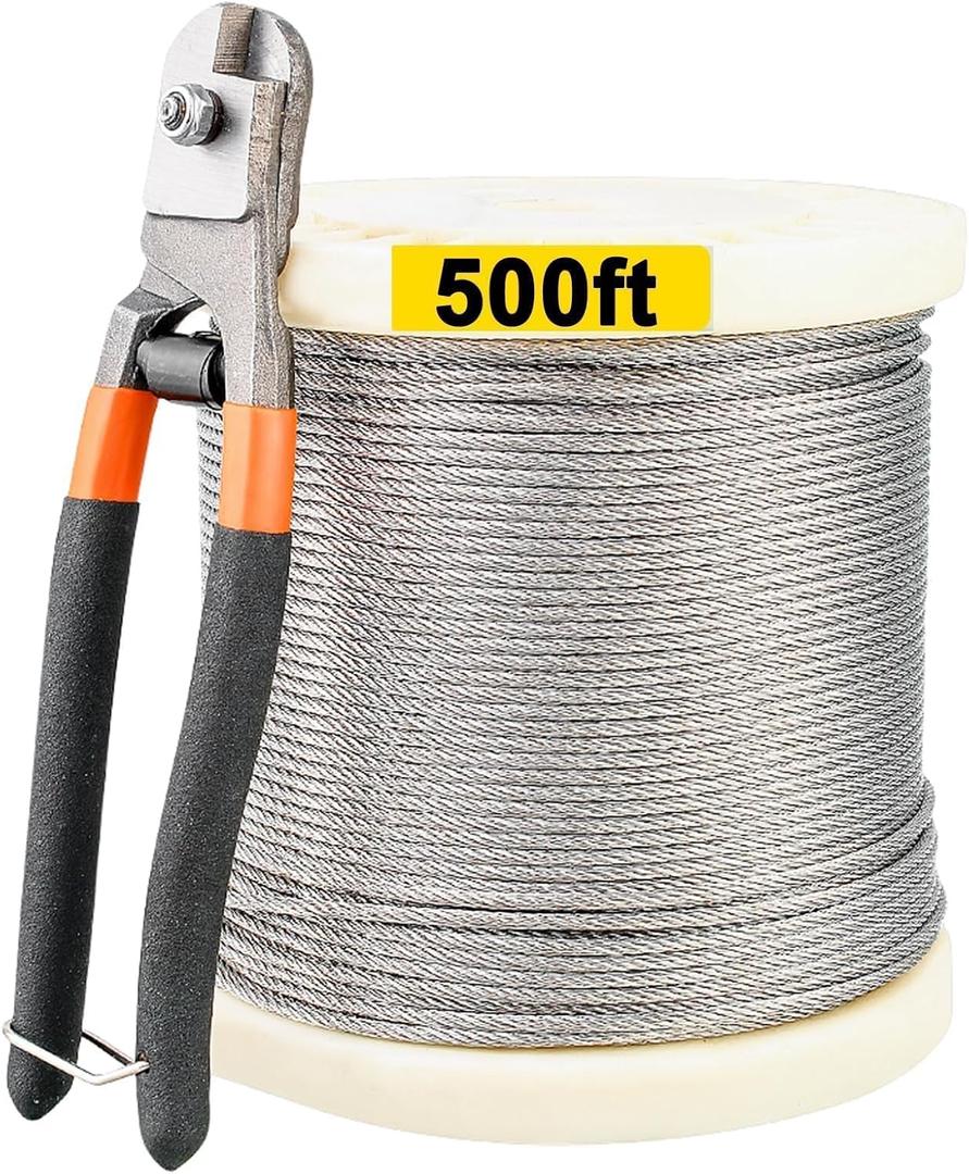 TooTaci 500FT 1/8 T316 Stainless Steel Cable RailingMarine Grade Aircraft Cable 7x7 Strands with CutterBraided Steel Cable 1/8inch Ideal for Deck Railing, Balconies, Stairs Railing, Porch