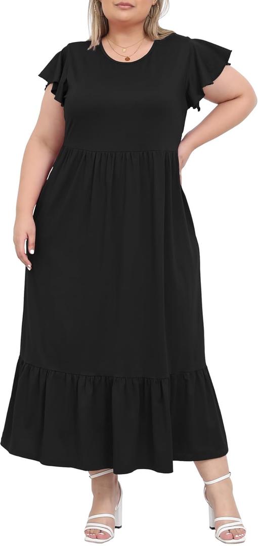 Moon Wood Women's 2025 Plus Size Casual Dress Crew Neck Ruffle Short Sleeve Summer Maxi Dresses with Pockets (Black, S)
