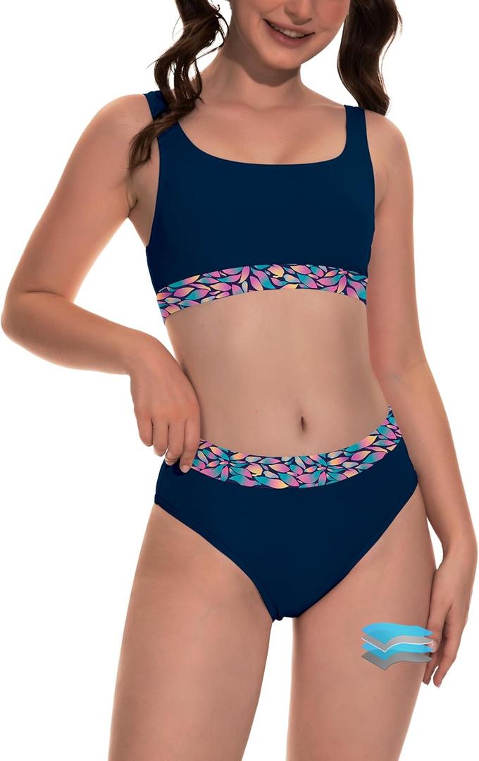 Beautikini Period Swimwear for Teens Two Piece Menstrual Leakproof Swimsuit Bikini Set Mid Waist Print Bathing Suit for Girls (Medium, Naval Academy)