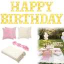 Redbaker Happy Birthday Picnic Ideas Happy Birthday Light up Letters with 91 x 71 Extra Large Boho Blanket Pink Table Runner Decorations for Outdoor Luxury Picnic Tea Party Engagement Anniversary Day