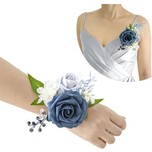 2 x Lookein Set of 2 Bridesmaid Corsage for Wedding Flowers Shoulder Corsages Bridesmaid Gift Corsage Wristlet for Prom for Wedding Ceremony, Dusty Blue
