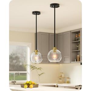 EDISHINE Mid Century Kitchen Pendant Lighting Over Island 2 Pack, Clear Glass Globe Shade, Hardwired Black and Gold Adjustable Hanging Light Fixtures for Dining Room, Entryway