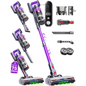 Cordless Vacuum Cleaner, 75Mins/55KPa/650W Freestanding Stick Vacuum Cleaners for Home, Rechargeable, Lightweight, Cone Filtration&Anti-Tangle, for Hard Floor, Carpet, Hardwoods, Pet Hair