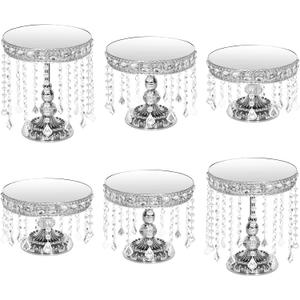 6 Piece Silver Cake Stand Set with Crystal, Mirror Silver Dessert Table Stands Set for Cupcake, Pastry, Round Cake Stands for Wedding Reception, Party(Mirror Silvery)