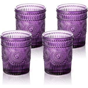 4 Pack Romantic Water Glasses-10.5 OZ Purple Vintage Drinking Glasses Tumblers for Whisky, Beer, Juice, Beverages, Cocktail