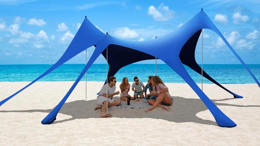 Beach Tent Sun Shelter,UPF 50+ Protection Sun Shade Canopy with 6 Sand Bags,4 Support Poles, Portable 1320FT Outdoor Canopy Tent for Beach Camping,Fishing,Picnic (Dark Blue)