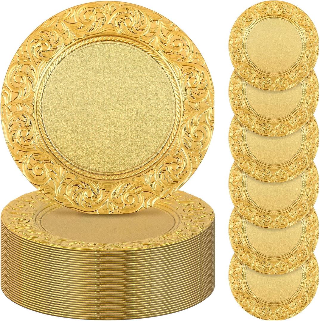 Uiifan 50 Pcs Gold Charger Plates Bulk 13'' Antique Plastic Chargers, about 13 inches in diameter
