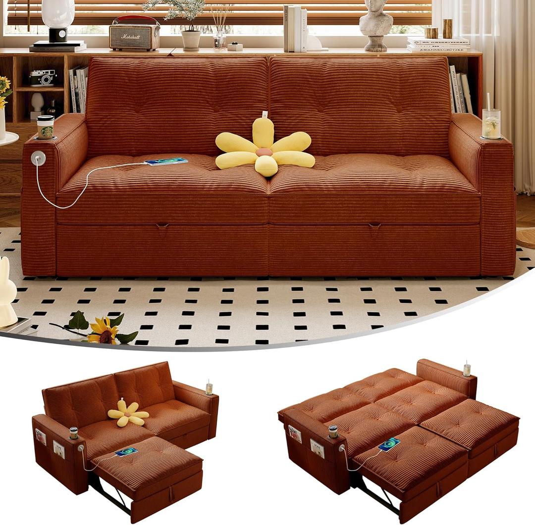 KEIKI Convertible Sofa Bed, 3 in 1 Pull Out Couch, 73" Pull Out Sofa Bed with Side Pocket for Living Room, Bedroom, Small Space, Orange