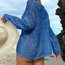 Crochet Cover Up Hollow Out Drop Shoulder Cover-ups Knit Long Sleeve Beach Dress for Women (Blue, S)