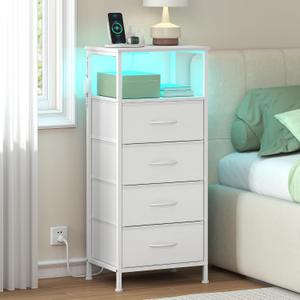 SONGMICS Nightstand with Charging Station, 4 Fabric Drawers
Bed Side Table, App-Controlled Adjustable LED Lights, Modern basic, White, BELLAH Collection ULGS304WH01S
