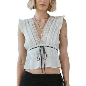 Women Lace Trim Shirts Sleeveless V Neck Flutter Sleeve Tie Front Cropped Tank Tops Slim Fit Going Out Tops S