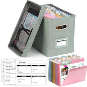 DOSTATNI School Years Organizer Kit K-12 School Years Memory Keeper with 15 Hanging File Folders Plastic 4 different Labels Memory Keepsake Box for kids Storage Pictures File Keeper (Green)