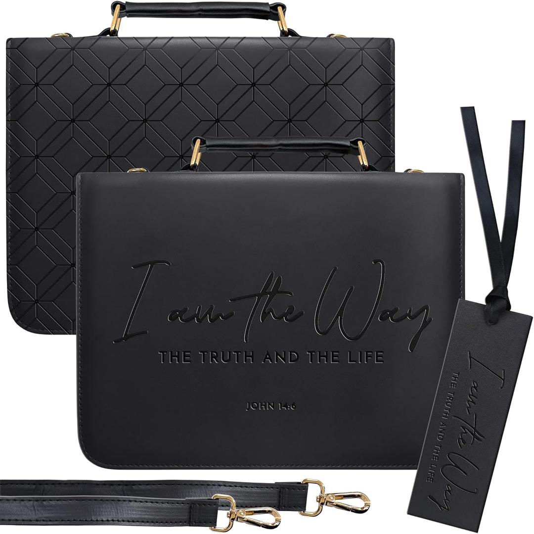 Premium Black PU Leather Bible Case with Embossed Scripture9.5x11.8 I Am The Way, The Truth and The Life- Matte Finish, 3Layer Construction, Detachable Strap, Matching Bookmark with Ribbon