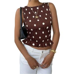 BEAUDRM Women's Polka Dots Tank Top Y2k Ruched Crewneck Sleeveless Ruffle Fitted Cropped Shirt (Brown), Small