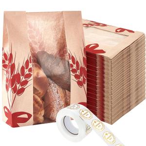 Gueevin 50 Pcs Kraft Paper Bread Bag with Clear Window Large Paper Bread Bags for Homemade Bakery Food Packaging Storage with 500 Pcs Stickers for Sourdough Popcorn Cookies, 14 x 8.3 x 3.2 in (Red)
