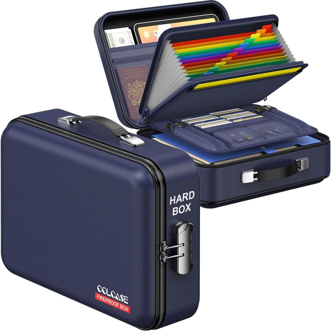 COLCASE Fireproof File Box, Hard Case Fireproof Document Organizer with Lock Hard-Shell Design Fireproof Water Resistant Safe Box for Important Documents Certificates Laptop Passports Blue, 15" x 11" x 5"