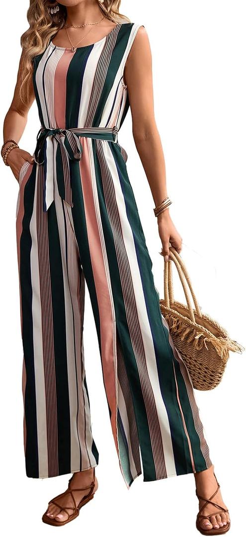 MSLG Women's Overalls Jumpsuit Summer 2026 Casual Work Sleeveless Loose Wide Leg Jumpsuits Romper with Belt and Pockets 814 (Medium)