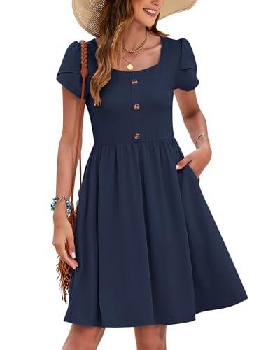 MOLERANI Women Summer Dresses Petal Sleeve Casual Square Neck Sundress Button Down 2025 Vacation Dress with Pockets Navy Blue,M