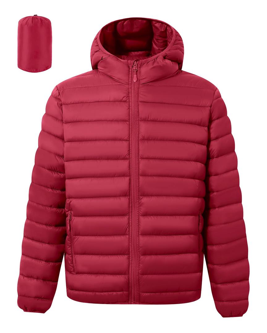 Polu Mens Packable Puffer Jacket with Hood Warm Lightweight Water-Resistant Puffer Jacket for Men Winter Jackets for Travel Hiking (Red,S) (Red)
