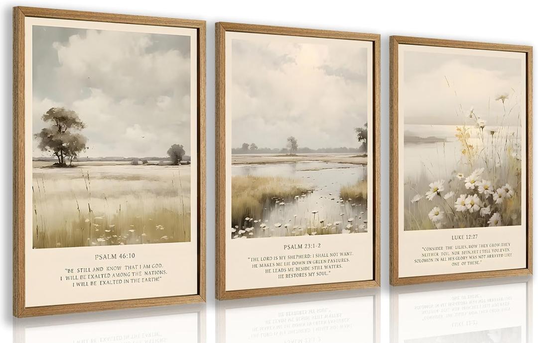 Cyebmo Christian Bible Verse Wall Art, Religious Wall Decor, Neutral Farmhouse Landscape Art Prints, Jesus Scripture Floral Canvas Painting for Church Prayer Room Hospitals Wood Framed 12"x16"x3