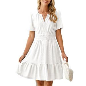 Simplee Womens White Spring Wedding Guest Mini Dress Eyelet Casual V Neck Flowy A Line Short Dresses Empire Waist Beach Dress with Pockets(White M)