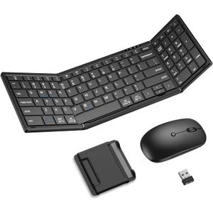 Foldable Keyboard and Mouse, Folding Bluetooth Keyboard Mouse Combo, 2.4G Wireless + Bluetooth5.1 x 2, Portable Wireless Rechargeable Travel Keyboard Mouse for Windows Android MacOS iOS