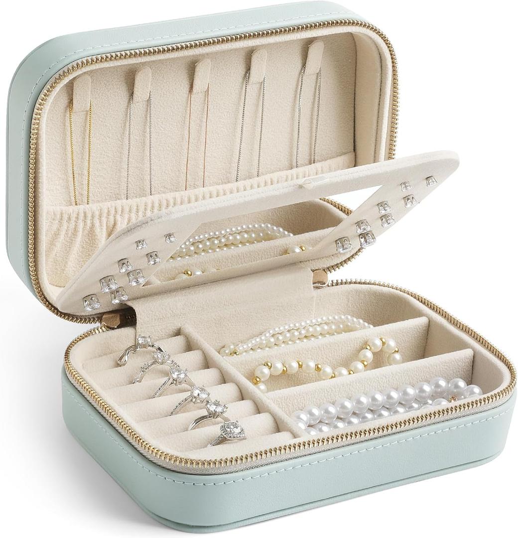 Genuine Leather Travel Jewelry Organizer Case with Mirror for Women, Small Mini Portable Jewelry Box for Ring Earrings Necklace Bracelet Luxury Gift for Women（Cyan)