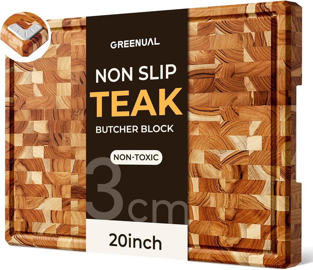 Teak Wood Cutting Boards for Kitchen 20'' Extra Large Butcher Block End Grain Wooden Cutting Board with Juice Groove & Handle Heavy Duty Chopping Charcuterie Board Non Toxic Slip Serving KnifeFriendly