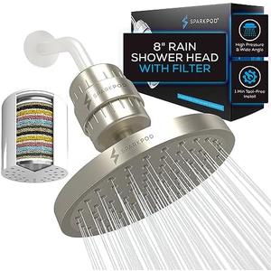 SparkPod Luxury Filtered Shower Head Set 23 Stage Shower Filter - Reduces Chlorine and Heavy Metals - High Pressure Showerhead Filter (8" Round, Elegant Brushed Nickel)