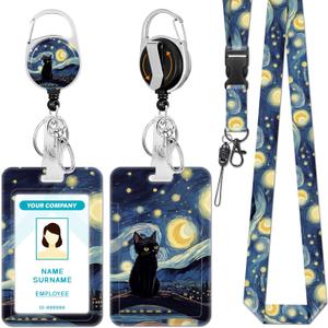 Hancynir Black Cat Lanyards for Id Badges, Starry Night Badge Holder with Retractable Reel Clip, Work Name Tags Keychain Lanyard with ID Holder, ID Card Protector for Women Teacher Nurse Doctor Office