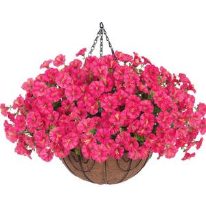Artificial Fake Hanging Flowers Plants Baskets for Outdoors Spring Summer Decor, Faux Silk Morning Glory in Planter UV Resistant Realistic for Outside Porch Patio Balcony Garden Yard Home, Hotpink