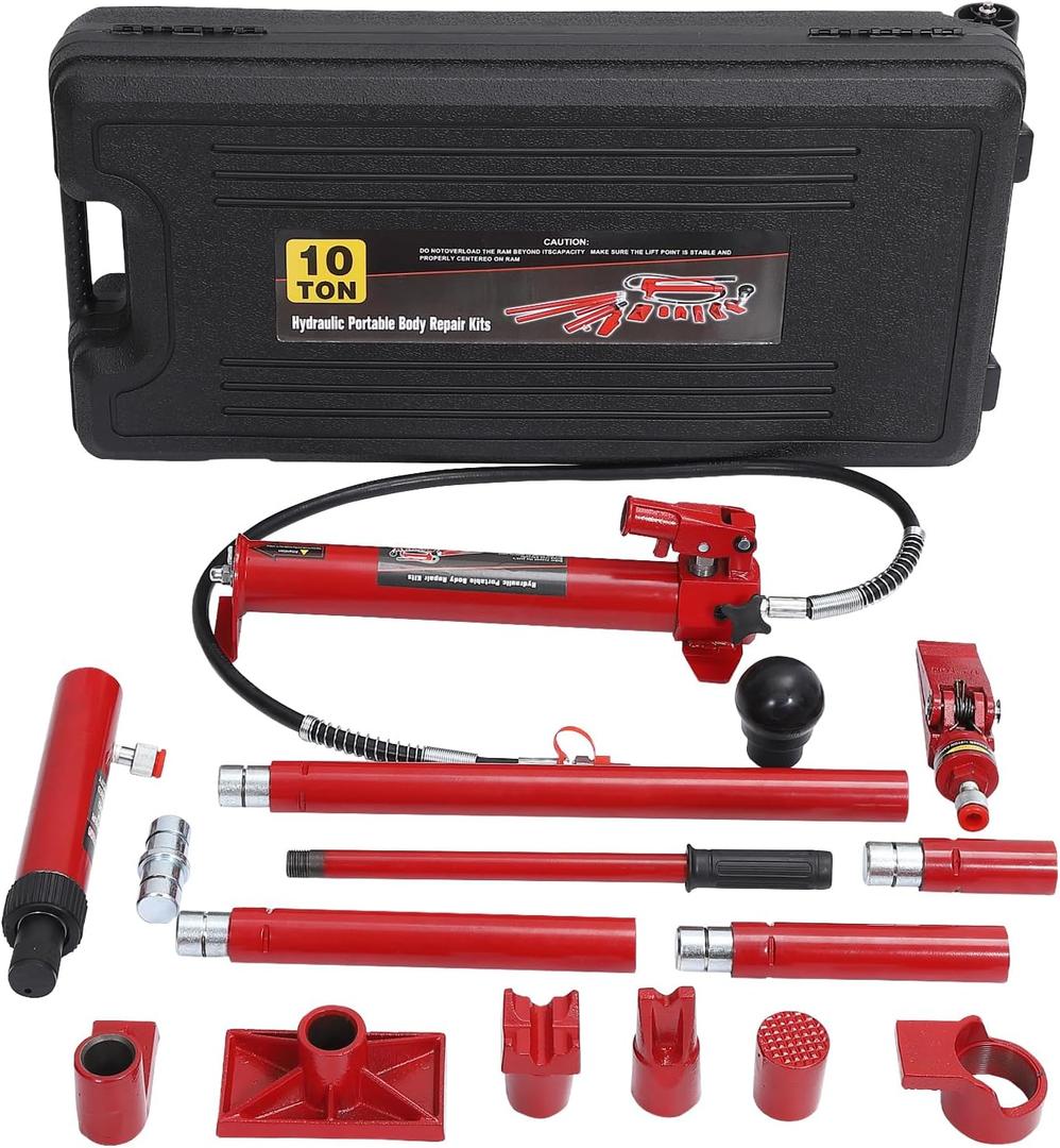 10 Ton Porta Power Kit with Wheeled Storage Case, Hydraulic Jack Kit Ram Pump & 4.6 Ft/1.4 m Oil Hose for Automotive, Garage, Farm, Heavy Equipment