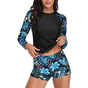 Daci Women Two Piece Rash Guard Long Sleeve Swimsuits UV UPF 50+ Swim Shirt Bathing Suit with Boyshort Bottom, Size 20W