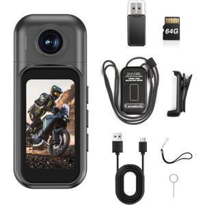1080p Mini Body Camera with 64GB Card, 1.47" Touchscreen Wearable Thumb Camera, Magnetic Mount & 180 Rotating Lens for Vlogging Travel Sports Security
