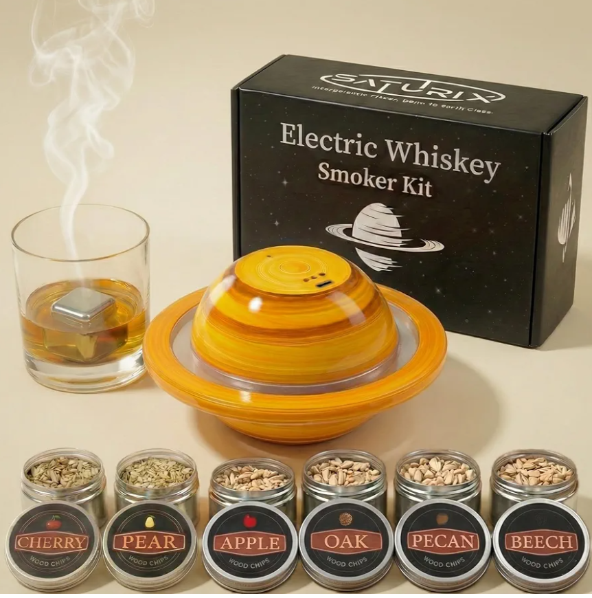 Electric Whiskey Smoker Kit Rechargeable Cocktail Smoker with Wood Chips No Butane Needed Old Fashioned Drink Smoker Ready to Use Saturn Design Home Bar Gift Set for Men Dad Husband