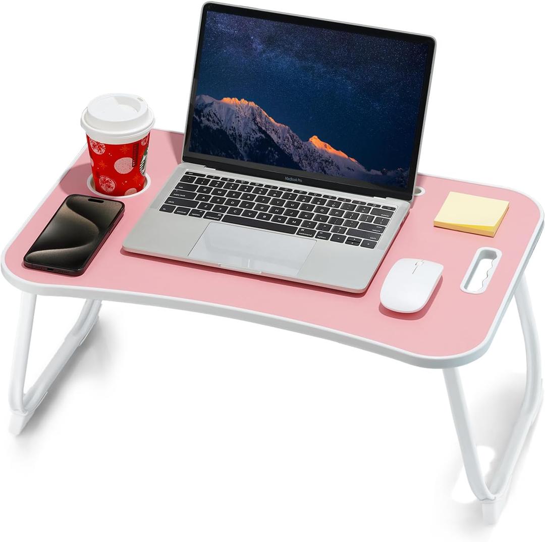 ZEAPTAC Laptop Bed Desk, Foldable Lap Desk, Portable Lap Table, Laptop Stand with Cup Holder & Tablet Slot & Lifting Handle for Working Writing Drawing & Eating - Pink