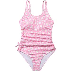 OYOANGLE Girl's Cute Spaghetti Straps Round Neck Drawstring One Piece Swimwear Tie Bathing Suit (13 Years, Pink Floral)