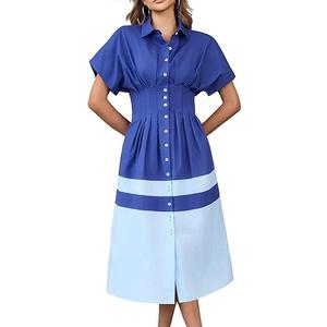 Wenrine Womens Summer Button Down Shirt Dress Casual Color Block V Neck Short Sleeve Corset Maxi Dresses, Size M, Royal Blue
