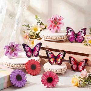9 Pcs Summer Wooden Flowers Butterflies Table Decor Farmhouse Tiered Tray Decor Rustic Wood Table Centerpieces for Wedding Home, Kitchen, Mantel, Graduation Teacher Gifts(Pink and Purple)