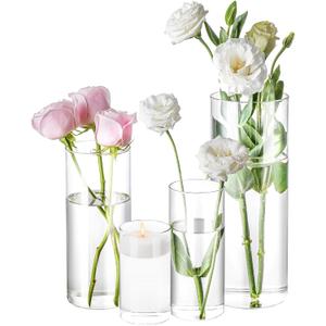 4 Pack Glass Cylinder Vases 4,6,8,10 Inch Tall Clear Flower Vase Hurricane Floating Candle Holder for Table Centerpiece Wedding Home Decor