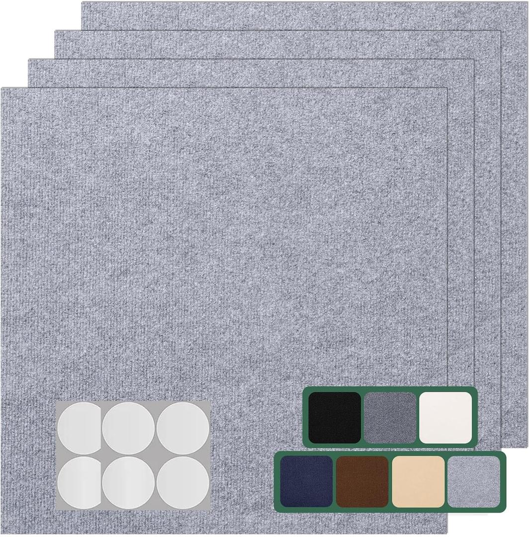 VallisCo Carpet Tile 20 Pack 24 X 24 Self Adhesive Carpet Floor Tiles Anti-Slip Squares Peel and Stick Floor Tile DIY Installation for Bedroom(Light Grey)