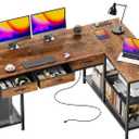 PRAISUN 55 Inch L Shaped Office Desk with Power Outlets and Type-C Port, Large Computer Gaming Desk with 3 Fabric Drawers, Mesh Shelves, Corner Study Work Writing Desk, Rustic Brown