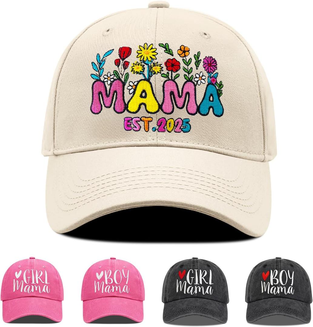 Embroidered Mama Hat for Women, for Mom, Boy Mama Girl Mama Adjustable Washed Cotton Baseball Cap (Beige)