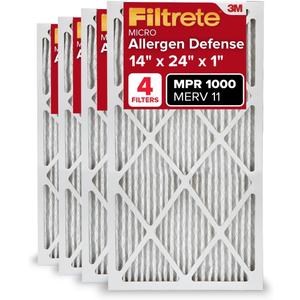 Filtrete 14x24x1 AC Furnace Air Filter, MERV 11, MPR 1000, Micro Allergen Defense, 3-Month Pleated 1-Inch Electrostatic Air Cleaning Filter, 4 Pack (Actual Size 13.81 x 23.81 x 0.81 in) (14 x 24 x 1)