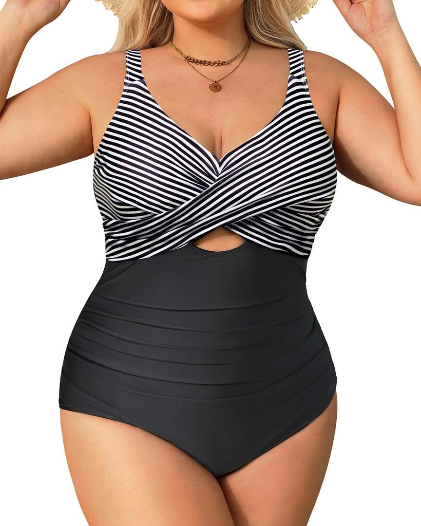 Daci Plus Size One Piece Swimsuits - Tummy Control Bathing Suit for Women Cutout Swimwear (Black Striped) 18W