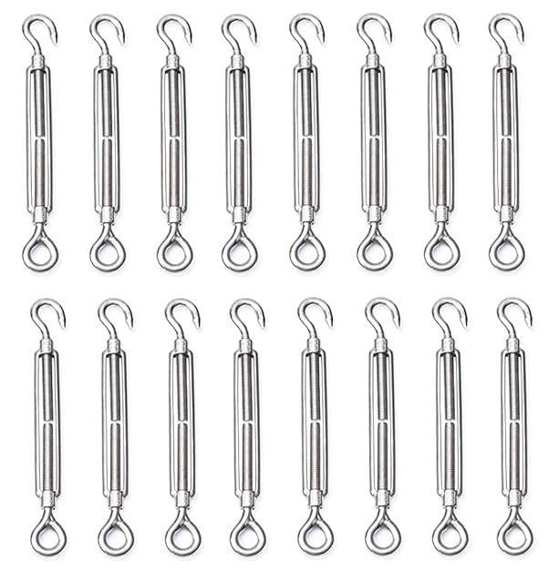 M10 Turnbuckle,3/8" (10mm) Thread Stainless Steel Hook & Eye Alele Stainless Steel 304 Turnbuckles Heavy Duty Wire Rope Tension 16pcs